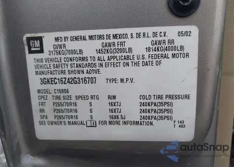 2002 GMC Yukon Xl 1500 Slt z USA, uszkodzony, nr VIN 3GKEC16Z42G316707